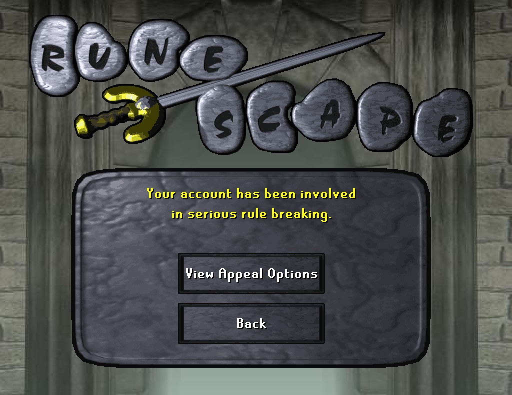 Old School RuneScape ban screen reading: Your account has been involved in serious rule breaking, with View Appeal Options and Back buttons.