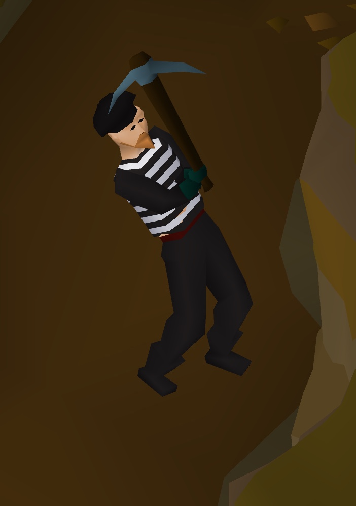 An Old School RuneScape character in a prisoner outfit swinging a pickaxe in a mine.