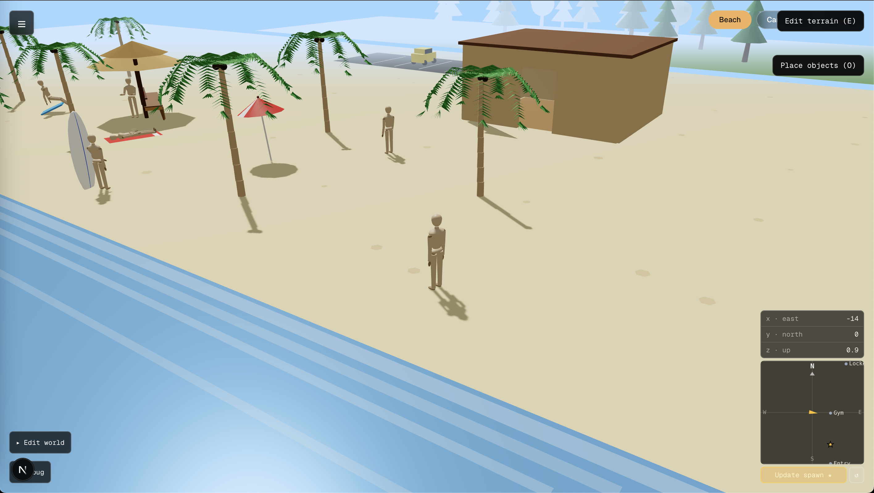 The Pose beach scene with the terrain and object editor open: placed palm trees, umbrellas, a beach hut, mannequins, a coordinate readout, and a minimap.