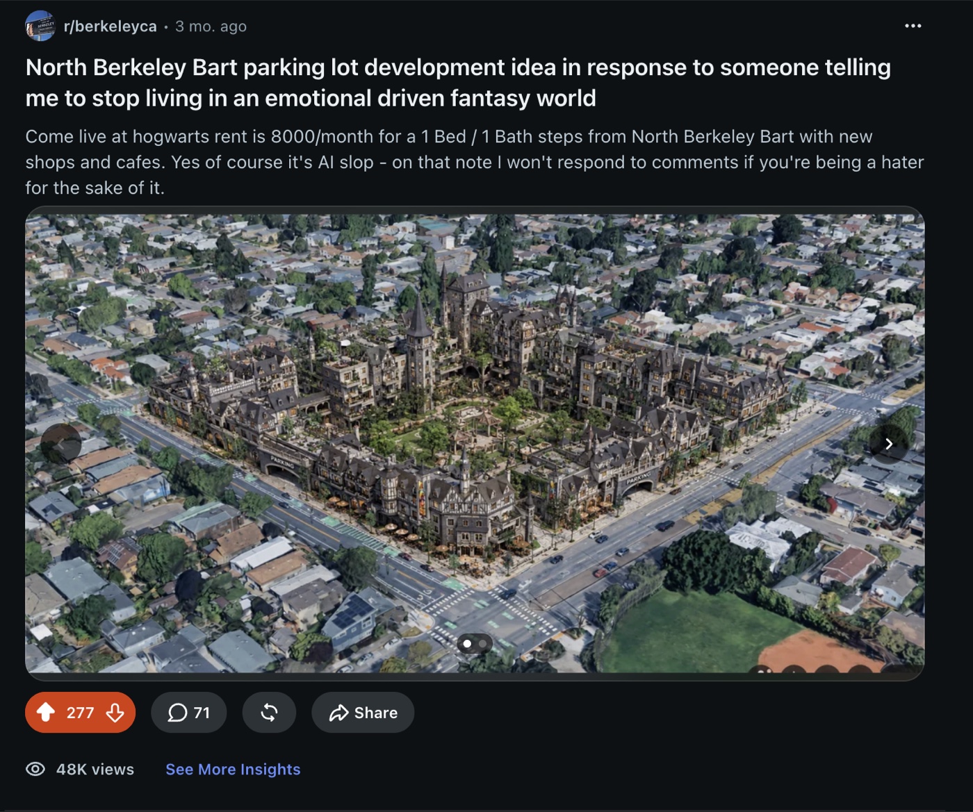 A Reddit post on r/berkeleyca showing an AI rendering of the North Berkeley BART parking lot reimagined as a Hogwarts-style castle village, with 277 upvotes, 71 comments, and 48K views.