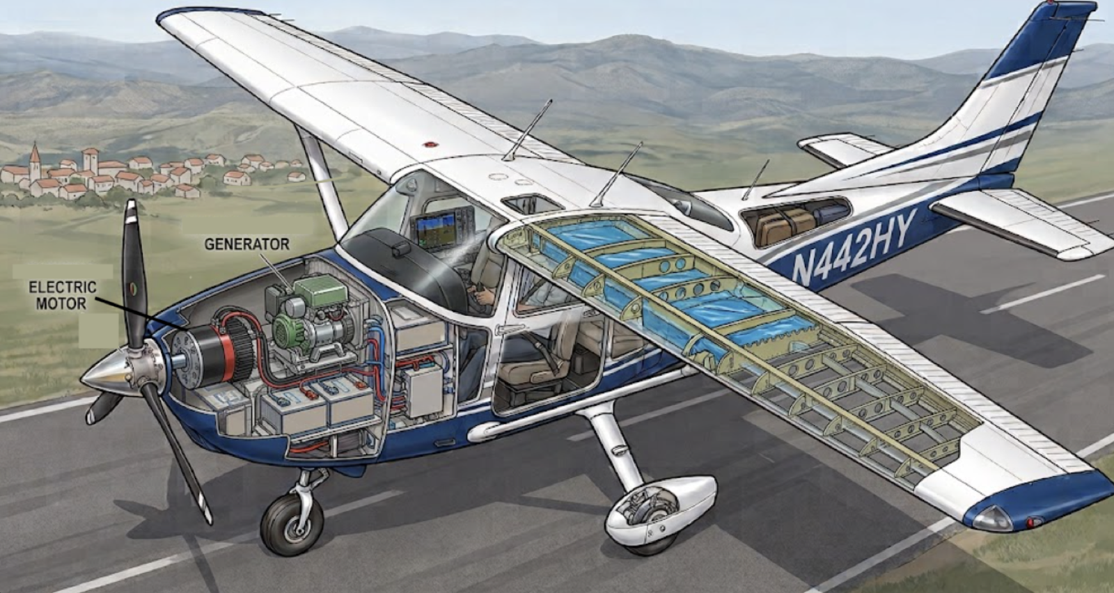 Cutaway illustration of a light aircraft: an electric motor and generator in the nose, with battery packs built into the wings.