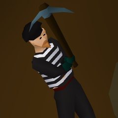 A RuneScape character in a striped prisoner outfit swinging a pickaxe.
