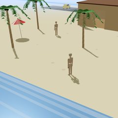 Mannequins on a low-poly beach with palm trees and a hut.